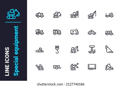 Special equipment for construction works icons set vector illustration. Construction machinery line icon. Building transport concept