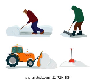 Equipo especial y dispositivos para limpiar los deslizamientos de nieve. Tractor, gente paleando la nieve. Ilustración vectorial.