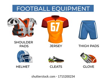 Special equipment for professional football player set vector illustration. Shoulder pads, jersey, thigh pads, helmet, cleats and glove cartoon design. Sport concept. Isolated on white