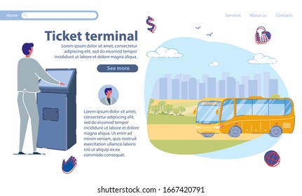 Special Equipment for Ticket Terminal, Slide. Man Suit Stands near Terminal and issues Bus Ticket. Reservation and Booking Ticket at Favorable Prices. Availability Monitoring. Quick Return Tickets.