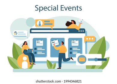 Special event concept. Media performance organization as a marketing campaign for business promotion. Event management, communication with a customer. Flat vector illustration
