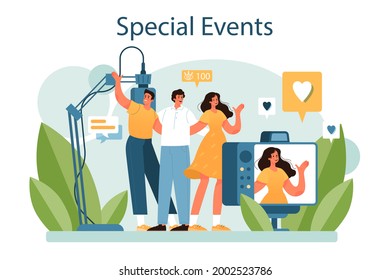 Concepto de evento especial. Organización de actuación de los medios de comunicación como campaña de marketing para la promoción de empresas. Gestión de eventos, comunicación con un cliente. Ilustración vectorial plana