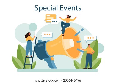 Special event concept. Media performance organization as a marketing campaign for business promotion. Event management, communication with a customer. Flat vector illustration