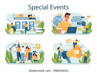 Special event concept set. Media performance organization as a marketing campaign for business promotion. Event management, communication with a customer. Flat vector illustration