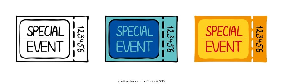 Special event. Coupon, check, reservation, guarantee, transport, travel card, plane, bus, public, buy in advance, book, ticket, free pass, black and white, colorful, personal number. Vector