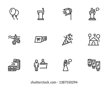 Special event line icon set. Air balloons, cutting ribbon, event reception. Celebration concept. Can be used for topics like birthday party, prom, holiday