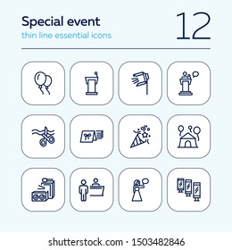 Special event line icon set. Air balloons, cutting ribbon, event reception. Celebration concept. Can be used for topics like birthday party, prom, holiday