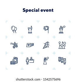 Special event line icon set. Air balloons, cutting ribbon, event reception. Celebration concept. Can be used for topics like birthday party, prom, holiday