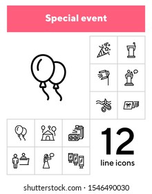 Special event line icon set. Air balloons, cutting ribbon, event reception. Celebration concept. Can be used for topics like birthday party, prom, holiday