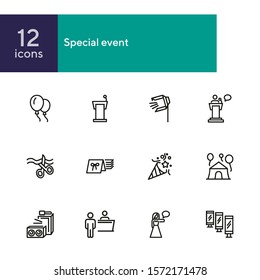Special event line icon set. Air balloons, cutting ribbon, event reception. Celebration concept. Can be used for topics like birthday party, prom, holiday