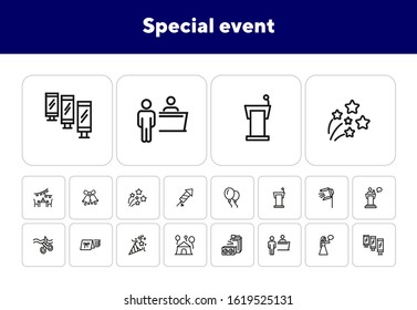 Special event line icon set. Air balloons, cutting ribbon, event reception. Celebration concept. Can be used for topics like birthday party, prom, holiday