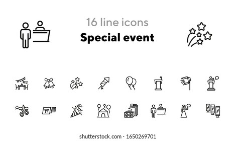 Special event line icon set. Air balloons, cutting ribbon, event reception. Celebration concept. Can be used for topics like birthday party, prom, holiday