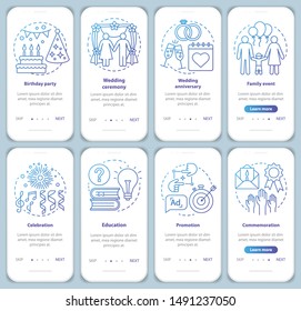Special event management onboarding mobile app page screen with linear concepts. Party planner. Holiday celebration walkthrough graphic instructions. UX, UI, GUI vector templates set with illustration