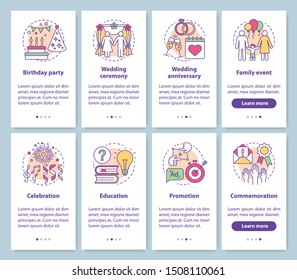 Special event management onboarding mobile app page screen with linear concepts. Party planner. Holiday celebration walkthrough graphic instructions. UX, UI, GUI vector templates set with illustration