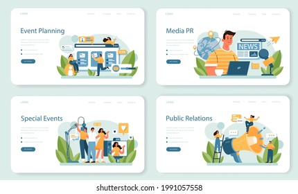 Special event web banner or landing page set. Media performance organization as a marketing campaign for business promotion. Event management, communication with a customer. Flat vector illustration
