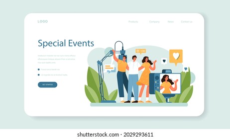 Special event web banner or landing page. Media performance organization as a marketing campaign for business promotion. Event management, communication with a customer. Flat vector illustration