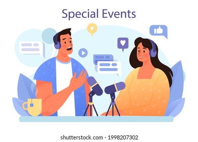 Special events concept. Entertaining social activity as a marketing campaign for business promotion. Public presentation or corporate celebration organization. Flat vector illustration