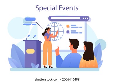 Special events concept. Entertaining social activity as a marketing campaign for business promotion. Public presentation or corporate celebration organization. Flat vector illustration