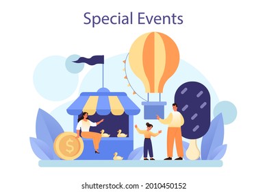 Special events concept. Entertaining social activity as a marketing campaign for business promotion. Public presentation or corporate celebration organization. Flat vector illustration