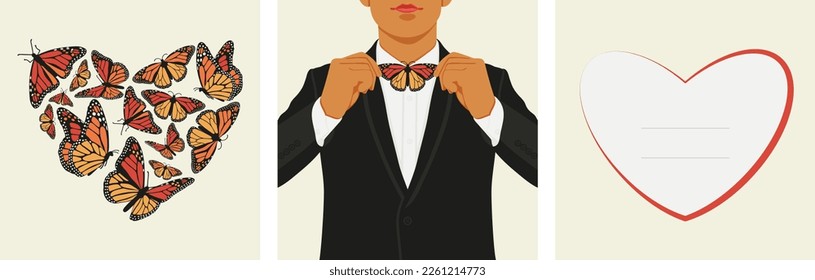 Special events concept set postcard butterflies monarch heart valentines day love style man in suit wedding. Vector illustration