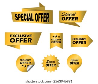 Special and exclusive offer banner in gold. Special offer price sign. Advertising discounts symbol