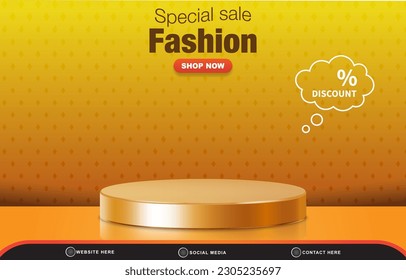 special fashion sale discount with landscape social media post tempate banner with copy space 3d podium for product sale with abstract gradient yellow background design