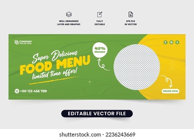 Special food discount banner template design with photo placeholder. Restaurant social media cover template vector with yellow and green colors. Fresh and organic food commercial web banner design.