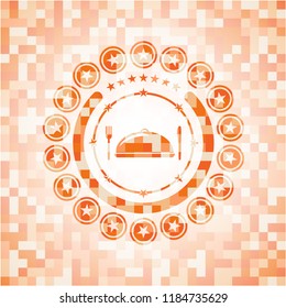 special food icon inside abstract emblem, orange mosaic background
