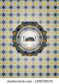 special food icon inside arabesque emblem background. arabic decoration.