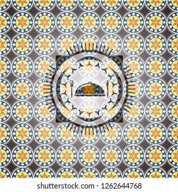special food icon inside arabic badge. Arabesque decoration.