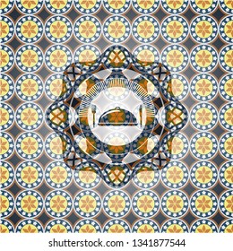 special food icon inside arabic emblem background. Arabesque decoration.