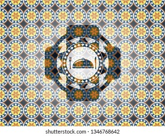 special food icon inside arabic style badge. Arabesque decoration.