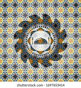 special food icon inside arabic badge. Arabesque decoration.