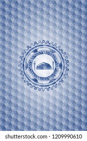 special food icon inside blue emblem or badge with geometric pattern background.