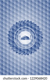 special food icon inside blue emblem or badge with geometric pattern background.