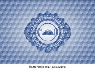 special food icon inside blue badge with geometric pattern background.