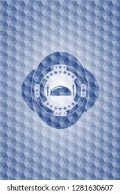 special food icon inside blue emblem with geometric pattern.