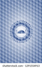 special food icon inside blue emblem or badge with abstract geometric pattern background.