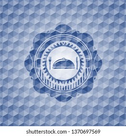 special food icon inside blue badge with geometric pattern.