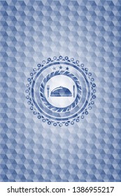 special food icon inside blue polygonal emblem.