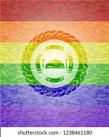 special food icon inside emblem on mosaic background with the colors of the LGBT flag