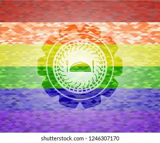 special food icon inside emblem on mosaic background with the colors of the LGBT flag