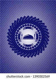 special food icon inside emblem with denim texture