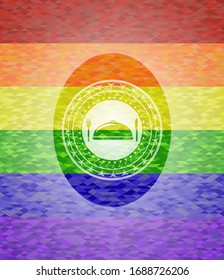 special food icon inside emblem on mosaic background with the colors of the LGBT flag