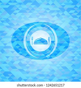 special food icon inside light blue emblem with mosaic background