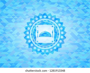 special food icon inside light blue emblem with triangle mosaic background