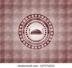 special food icon inside red seamless emblem or badge with geometric pattern background.