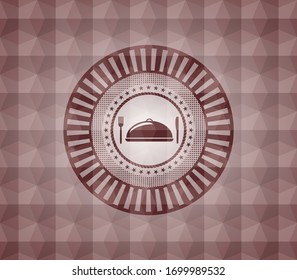 Spezielles Essenssymbol in rotem Emblem oder Abzeichen mit abstraktem geometrischem Musterhintergrund. Nahtlos.