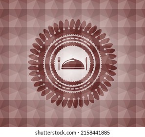 special food icon inside red seamless emblem or badge with geometric pattern background. 