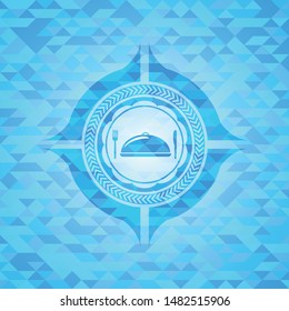 special food icon inside sky blue emblem with mosaic background